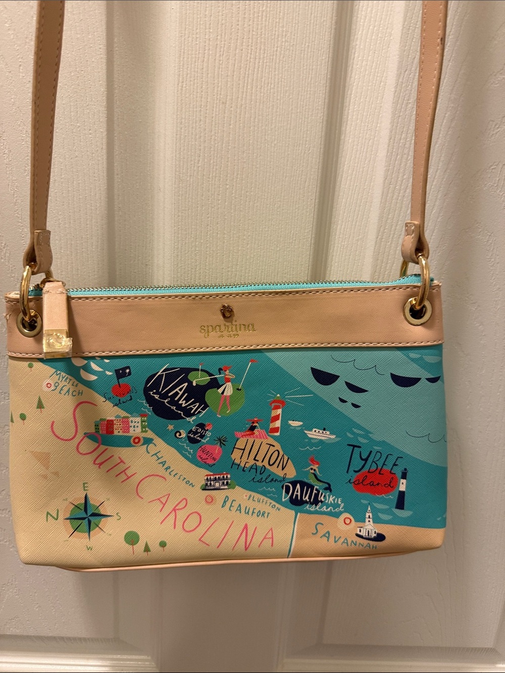 Spartina 449 South Carolina Map Crossbody in Teal, Tan & Coral Accents NWOT